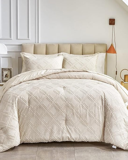 7 Pieces Tufted Bed in a Bag King Comforter Set with Sheets Beige, Soft and Embroidery Shabby Chic Boho Bohemian, Luxury Solid Color with Diamond Pattern, Jacquard Tufts Bedding Set for All Season - LeafyLoom