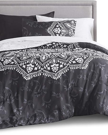 Comfort Spaces Bed in A Bag - Trendy Casual Design Cozy Comforter with Complete Sheet Set with Side Pocket, All Season Cover, Matching Shams, Twin XL (66 in x 90 in), Ava Medallion Black 6 Piece - LeafyLoom