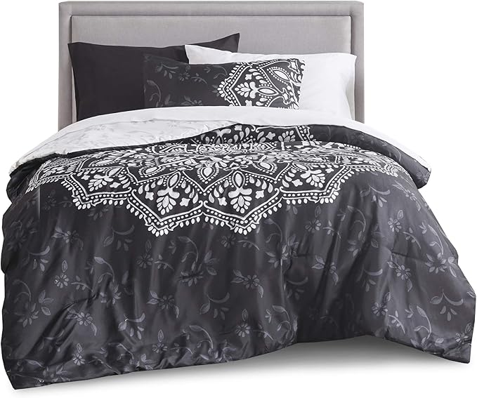 Comfort Spaces Bed in A Bag - Trendy Casual Design Cozy Comforter with Complete Sheet Set with Side Pocket, All Season Cover, Matching Shams, Twin XL (66 in x 90 in), Ava Medallion Black 6 Piece - LeafyLoom