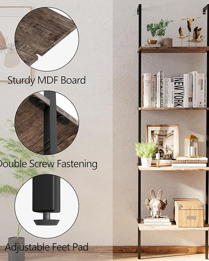 Ladder Shelf 4 Tiers Metal Industrial Bookshelf,Brown Wood Tall Open Storage Rack and Display Shelves,Wall Mount Wide Book Case for Home Office Bedroom,Small - LeafyLoom