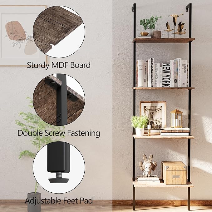 Ladder Shelf 4 Tiers Metal Industrial Bookshelf,Brown Wood Tall Open Storage Rack and Display Shelves,Wall Mount Wide Book Case for Home Office Bedroom,Small - LeafyLoom