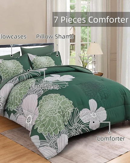 Yiran 7 Pieces Queen Floral Comforter Set,Emerald Green Bed in a Bag Flowers Comforter,Soft Microfiber Bedding Set with Comforter, Sheets, Pillowcases & Shams 90"×90" - LeafyLoom