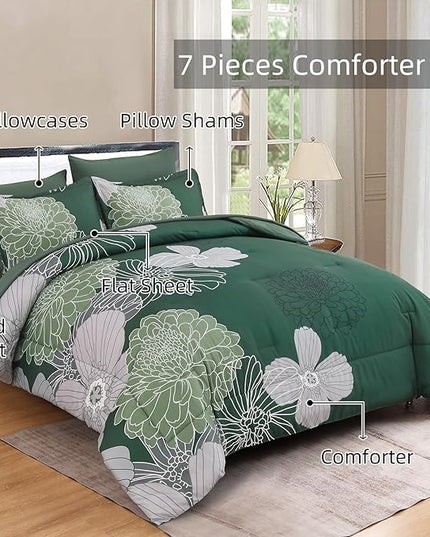 Yiran 7 Pieces King Size Comforter Set,Dark Green Floral Bed in a Bag Comforter and Sheet Set, Soft Microfiber Lightweight Bedding Set for All Season 103"×90" - LeafyLoom