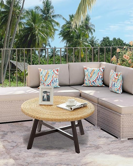 Coffee Table Round, Seagrass Coffee Tables,Pine Wood X Base Frame Cocktail Table, Easy Assembled, Multiple Sizes for Living Room, Solid Wood Table,32 x 17 Inches,Natural - LeafyLoom