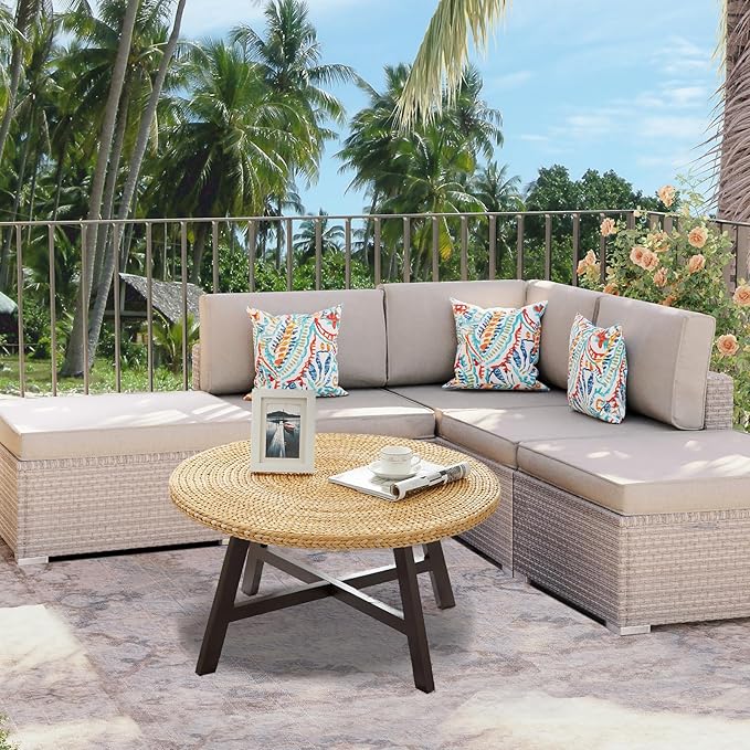 Coffee Table Round, Seagrass Coffee Tables,Pine Wood X Base Frame Cocktail Table, Easy Assembled, Multiple Sizes for Living Room, Solid Wood Table,32 x 17 Inches,Natural - LeafyLoom
