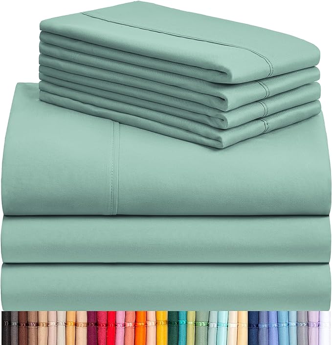 LuxClub 7 PC Split King Sheet Set, Breathable Luxury Bed Sheets, Deep Pockets 18" Eco Friendly Wrinkle Free Cooling Sheets Machine Washable Hotel Bedding Silky Soft - Light Teal Split King - LeafyLoom