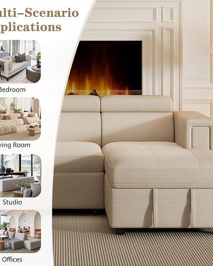 96“ L-Shape Sectional Sleeper Sofa with Pull out Bed, Adjustable Headrest &Storage Chaise, Linen Upholstered Convertible Couch w/Wireless Charging &Cup Holders, for Living Room Apartment - LeafyLoom