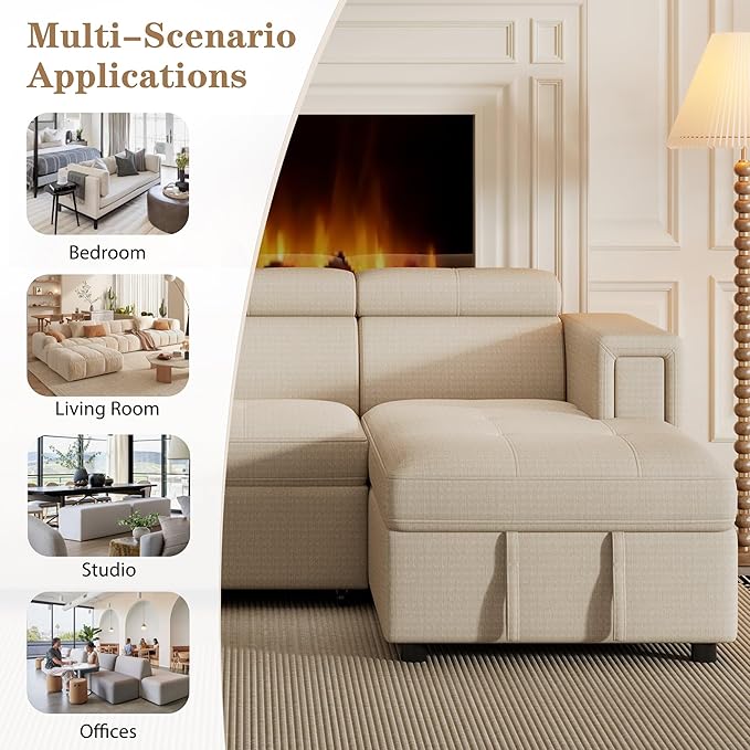 96“ L-Shape Sectional Sleeper Sofa with Pull out Bed, Adjustable Headrest &Storage Chaise, Linen Upholstered Convertible Couch w/Wireless Charging &Cup Holders, for Living Room Apartment - LeafyLoom