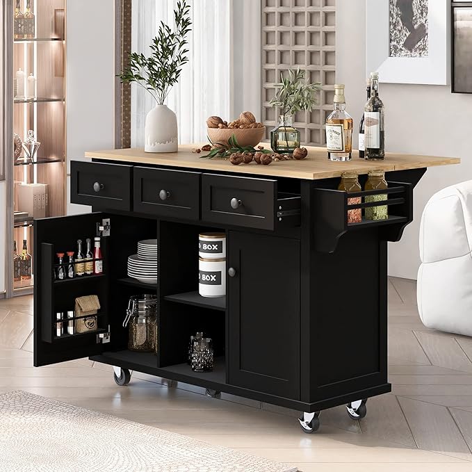 Kitchen Cart with Rubber Wood Drop-Leaf Countertop, Kitchen Island On 5 Wheels with Storage Cabinet, 3 Drawers and Internal Storage Racks, Rolling Mobile Portable Serving Carts (Black) - LeafyLoom