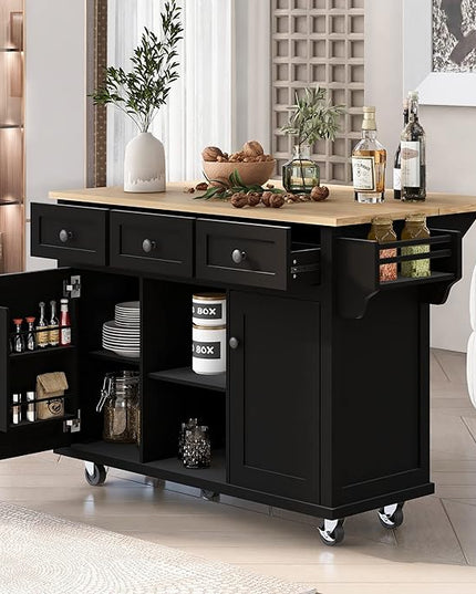Kitchen Cart with Rubber Wood Drop-Leaf Countertop, Cabinet Door Internal Storage Racks, Kitchen Island on 5 Wheels with Storage Cabinet and 3 Drawers for Dinning Room, Black - LeafyLoom