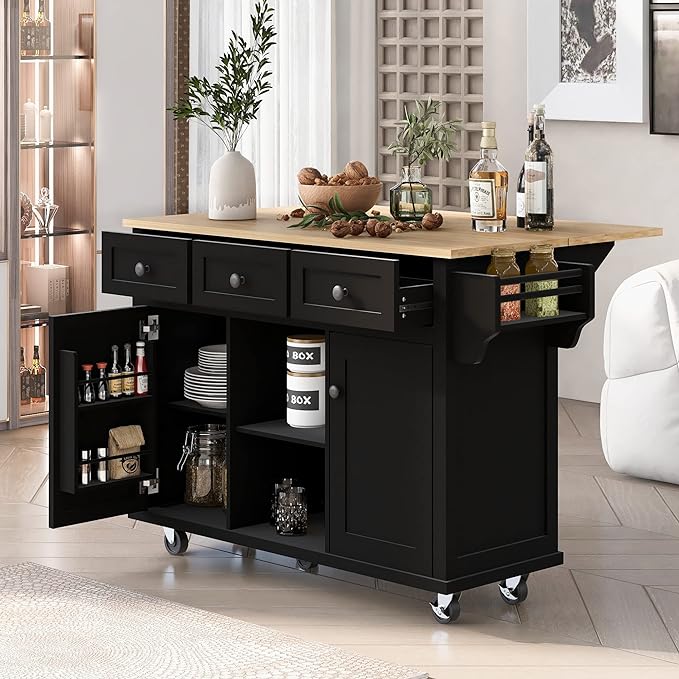 Kitchen Cart with Rubber Wood Drop-Leaf Countertop, Cabinet Door Internal Storage Racks, Kitchen Island on 5 Wheels with Storage Cabinet and 3 Drawers for Dinning Room, Black - LeafyLoom