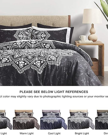 Comfort Spaces Bed in A Bag - Trendy Casual Design Cozy Comforter with Complete Sheet Set with Side Pocket, All Season Cover, Matching Shams, Full(80"x90"), Ava Medallion Black 9 Piece - LeafyLoom