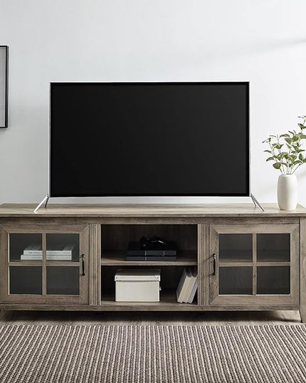 Walker Edison Portsmouth Classic 2 Glass Door TV Stand for TVs up to 80 Inches, 70 Inch, Grey Wash & Rustic Wood Farmhouse Entryway Accent Table with Storage Drawer Entry Table Living Room - LeafyLoom