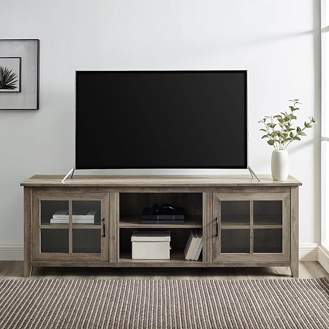 Walker Edison Portsmouth Classic 2 Glass Door TV Stand for TVs up to 80 Inches, 70 Inch, Grey Wash & Rustic Wood Farmhouse Entryway Accent Table with Storage Drawer Entry Table Living Room - LeafyLoom