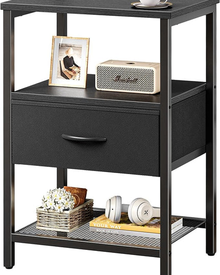 Night Stand with Fabric Drawer, Side Table with Mesh Shelf, Bedroom Nightstand, Fabric Drawer Dresser, Open Shelf, Metal Frame, Couch Side, Black - LeafyLoom