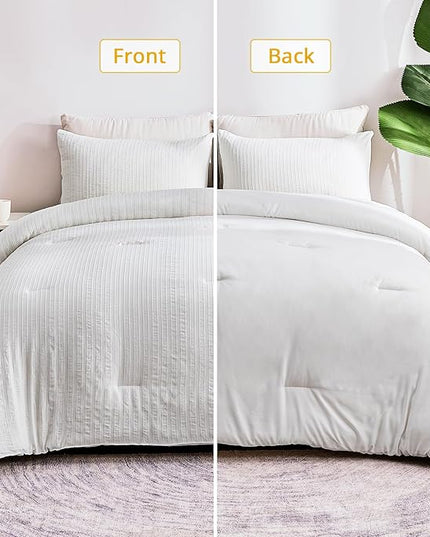 ENCOFT White Comforter King Size, Soft Microfiber Farmhouse Boho Comforter Set King, 3 Pieces Lightweight Winter Bedding with 1 Textured Striped Comforter and 2 Pillowcases, 104x90 Inches - LeafyLoom