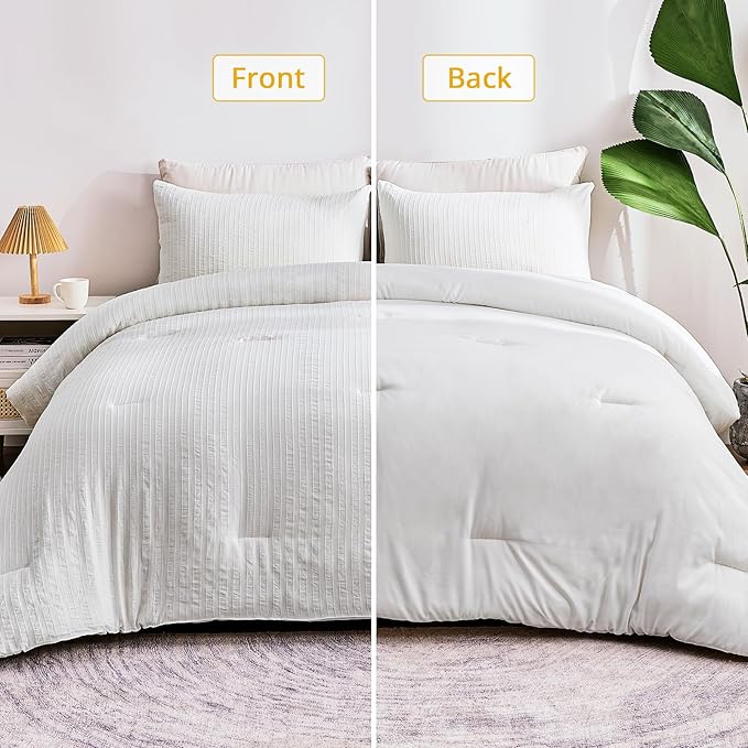ENCOFT White Comforter King Size, Soft Microfiber Farmhouse Boho Comforter Set King, 3 Pieces Lightweight Winter Bedding with 1 Textured Striped Comforter and 2 Pillowcases, 104x90 Inches - LeafyLoom