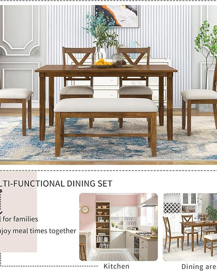 RITSU 6-Piece Family Rectangular Dining Table Set with 4 Upholstered Fabric Chairs and Bench, w/Rubberized Solid Wood Structure X-Shaped Backrest, Suitable for Living Room, Kitchen, Natural Cherry - LeafyLoom