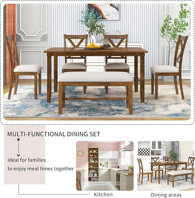RITSU 6-Piece Family Rectangular Dining Table Set with 4 Upholstered Fabric Chairs and Bench, w/Rubberized Solid Wood Structure X-Shaped Backrest, Suitable for Living Room, Kitchen, Natural Cherry - LeafyLoom