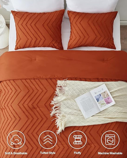 CozyLux King Size Comforter Set Burnt Orange - 3 Pieces Terracotta Boho Tufted Shabby Chic Bedding Comforter Set for All Seasons, Chevron Bedding Sets with Comforter & 2 Pillow Shams - LeafyLoom