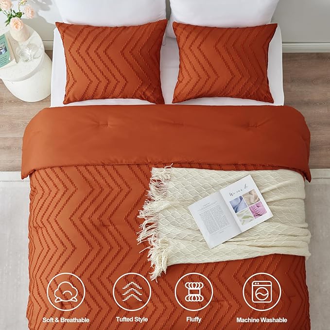 CozyLux Full Size Comforter Set Burnt Orange - 3 Pieces Terracotta Boho Tufted Shabby Chic Bedding Comforter Set for All Seasons, Chevron Bedding Sets with Comforter & 2 Pillow Shams - LeafyLoom
