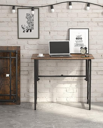 31.5" Computer Desk for Small Place, Foldable Desk Home Office Desk, Black Metal Frame, Modern Industrial Style Study Writing Table, No Assembly Required, Rustic Brown - LeafyLoom