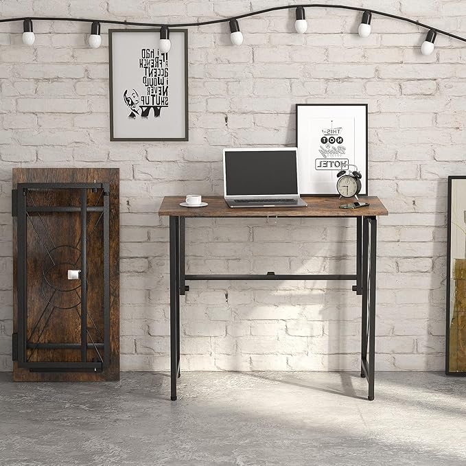 31.5" Computer Desk for Small Place, Foldable Desk Home Office Desk, Black Metal Frame, Modern Industrial Style Study Writing Table, No Assembly Required, Rustic Brown - LeafyLoom