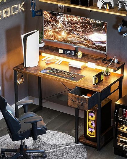 AODK Gaming Desk with LED Lights & Power Outlet, 40 Inch Computer Desk with Drawer, Reversible Desk with Adjustable Monitor Shelf & Headphone Hook for Home Office, Rustic Brown - LeafyLoom