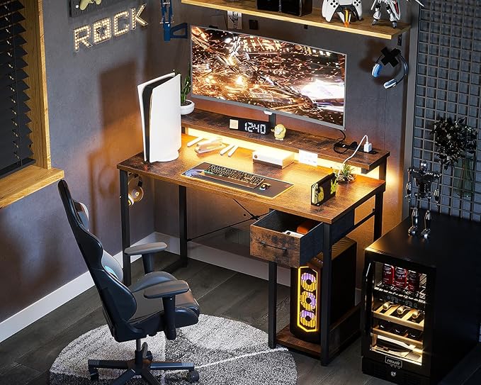 AODK Gaming Desk with LED Lights & Power Outlet, 40 Inch Computer Desk with Drawer, Reversible Desk with Adjustable Monitor Shelf & Headphone Hook for Home Office, Rustic Brown - LeafyLoom