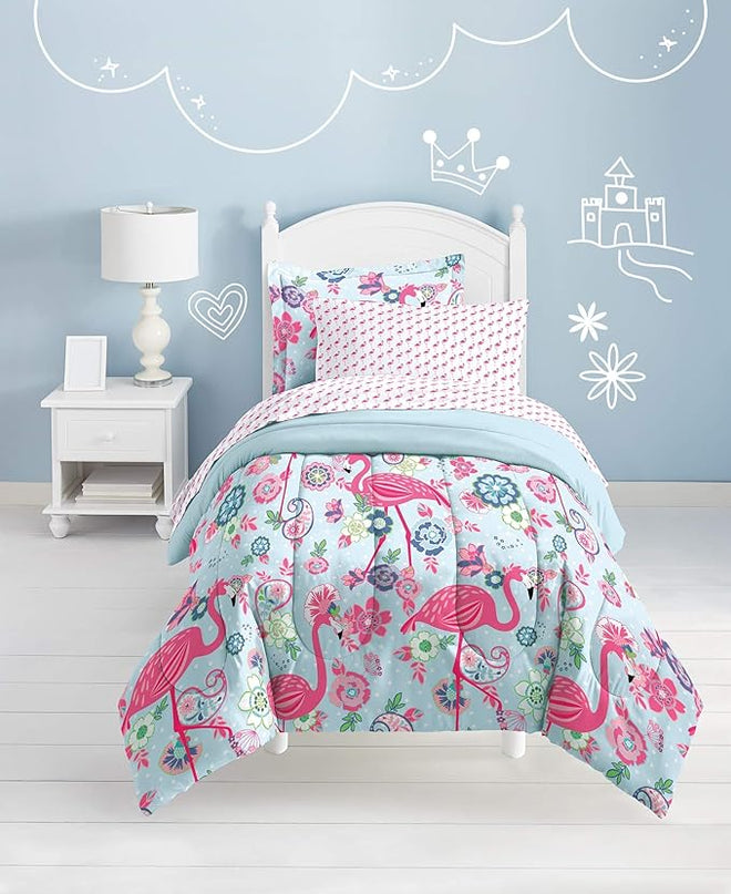 dream FACTORY Kids 7-Piece Complete Set Easy-Wash Super Soft Microfiber Comforter Bedding, Full, Pink Flamingo - LeafyLoom