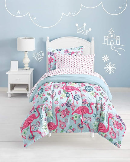 dream FACTORY Kids 5-Piece Complete Set Easy-Wash Super Soft Microfiber Comforter Bedding, Twin, Pink Flamingo - LeafyLoom