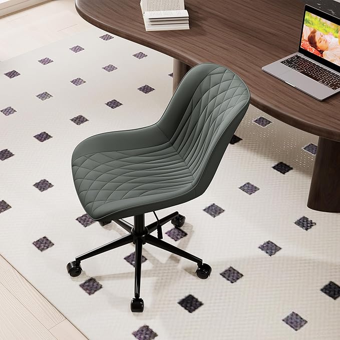 YOUNIKE Office Chair with Wheels Armless Desk Chair Swivel Rolling Task Chair with Back Upholstered Faux Leather Modern Computer Chair Height Adjustable, Greyish Green - LeafyLoom