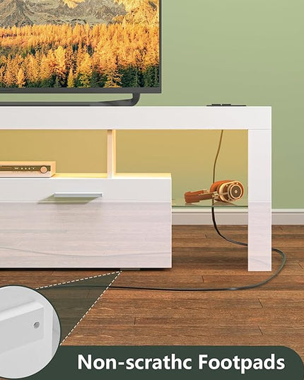 Clikuutory Modern LED White 67 inch TV Stand with Power Outlet and Large Storage for 40 50 55 60 65 70 75 Inch TVs, Wood TV Console with High Glossy Entertainment Center for Living Room, Bedroom - LeafyLoom