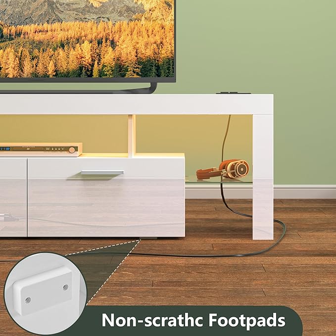 Clikuutory Modern LED White 67 inch TV Stand with Power Outlet and Large Storage for 40 50 55 60 65 70 75 Inch TVs, Wood TV Console with High Glossy Entertainment Center for Living Room, Bedroom - LeafyLoom