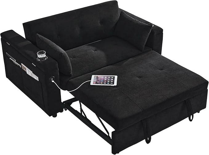 4 in 1 Multifunctional Convertible Loveseat Sleeper Sofa Bed,Soft Chenille Tufted Love Seats Sofabed W/Pull Out Sleep Couch,Armrests Storage,Cupholders,USB Ports,Pillows and Side Pockets - LeafyLoom