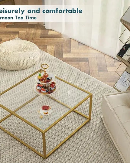 SAYGOER Gold Coffee Table Glass Modern Coffee Tables for Small Space Simple Square Center Table for Living Room Home Office 26.7 x 26.7 x 15.7, Easy Assembly - LeafyLoom