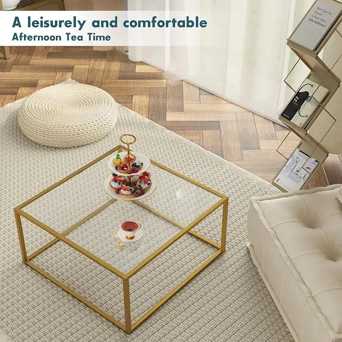 SAYGOER Gold Coffee Table Glass Modern Coffee Tables for Small Space Simple Square Center Table for Living Room Home Office 26.7 x 26.7 x 15.7, Easy Assembly - LeafyLoom