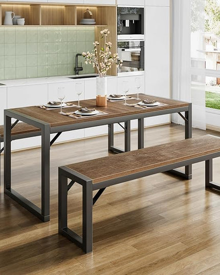 SHA CERLIN 3-Piece Dining Table Set with 2 Benches, Rustic Kitchen Table Set for 4-6, Space-Saving Dinette, Sturdy Structure, Easy Assemble, Brown/Grey - LeafyLoom