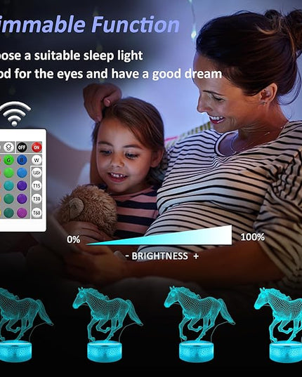 Horse Gifts for Girls, 3D Illusion Lamp, 3D Horse Night Light with 16 Colors Remote and Touch Control, Horses Decor for Kids Room, Girls Birthday Gifts - LeafyLoom