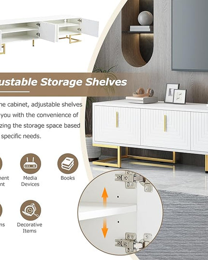 Merax Modern Stand with Metal Legs, Gold Handles, Geometric Lines and Adjustable Shelves for TVs Up to 80'' Media Console Table, Luxury Storage Cabinets for Living Room, 70.8" Length, White - LeafyLoom