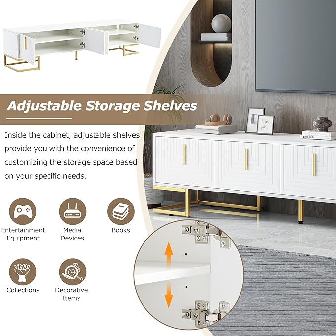 Merax Modern Stand with Metal Legs, Gold Handles, Geometric Lines and Adjustable Shelves for TVs Up to 80'' Media Console Table, Luxury Storage Cabinets for Living Room, 70.8" Length, White - LeafyLoom