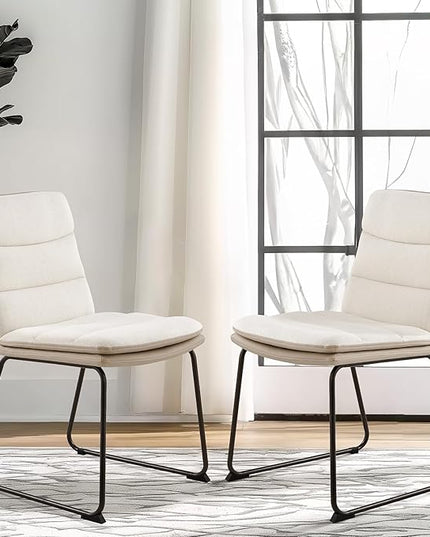 Dining Chairs Set of 2, Upholstered Dining Room Kitchen Chairs with Metal Legs, Modern Fabric PU Leather Side Chairs for Home Office, Cream - LeafyLoom