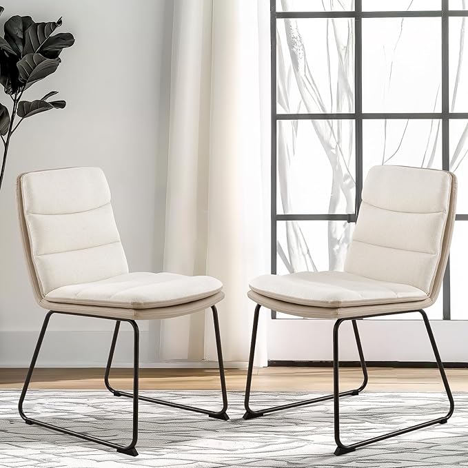 Dining Chairs Set of 2, Upholstered Dining Room Kitchen Chairs with Metal Legs, Modern Fabric PU Leather Side Chairs for Home Office, Cream - LeafyLoom