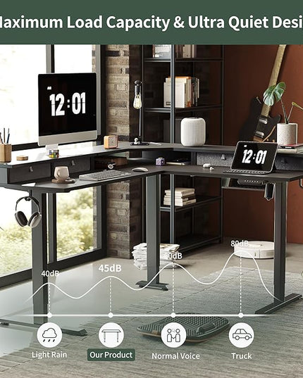 FEZIBO 63" L Shaped Standing Desk with 4 Drawers, Electric Standing Gaming Desk Adjustable Height, Corner Stand up Desk with Splice Board, Black Frame/Black Top - LeafyLoom