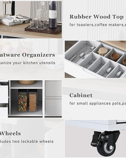 Kitchen Island on Lockable Wheels, Mobile Kitchens Cart with Rubber Wood Countertop, w/Drawer and Storage Cabinet for Dining Room, Bar - LeafyLoom