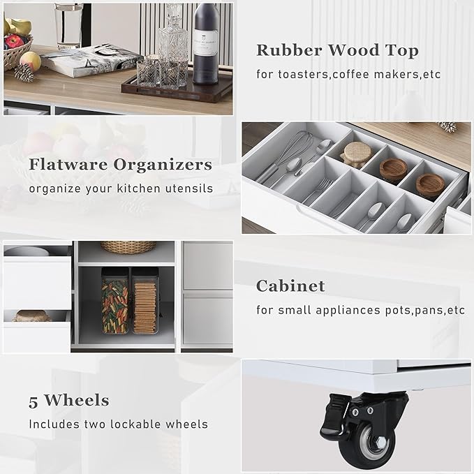 Kitchen Island on Lockable Wheels, Mobile Kitchens Cart with Rubber Wood Countertop, w/Drawer and Storage Cabinet for Dining Room, Bar - LeafyLoom