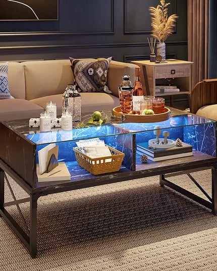 Bestier LED Coffee Tables for Living Room, 42 Inch Large Living Room Center Table, Smart Gaming Tea Tables for Home Office, Modern Style Black Faux Marble - LeafyLoom