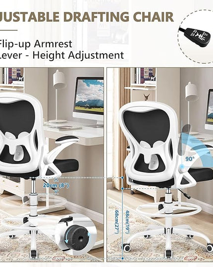 Drafting Chair, Tall Office Chair Ergonomic Standing Desk chair, Lumbar Support Computer Chair Swivel Task Rolling Chair with Adjustable Flip-up Armrests & Foot Ring (White) - LeafyLoom