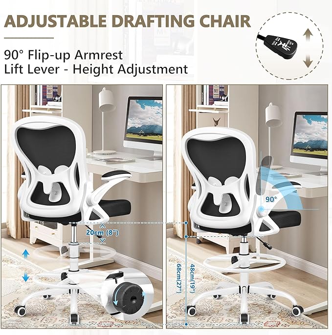 Drafting Chair, Tall Office Chair Ergonomic Standing Desk chair, Lumbar Support Computer Chair Swivel Task Rolling Chair with Adjustable Flip-up Armrests & Foot Ring (White) - LeafyLoom