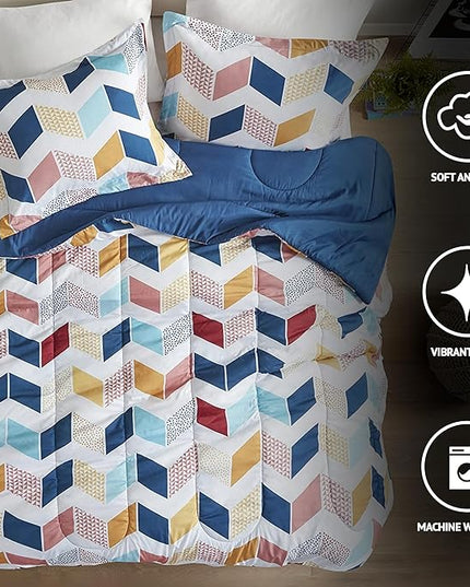Comfort Spaces Kylar Cozy Comforter Set, Vibrant Chevron Ruching Design with Solid Reverse, All Season Down Alternative Bedding with Matching Sham, Full/Queen (88 in x 92 in), Multi/Aqua 3 Piece - LeafyLoom